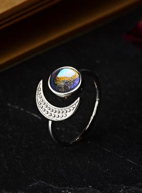 wish新款日月宝石戒指欧美镀925