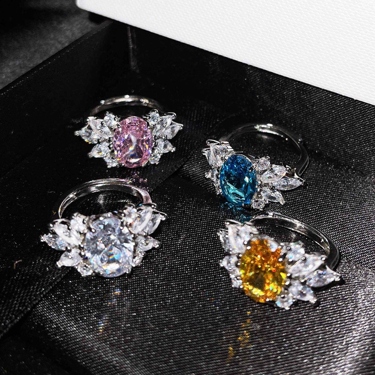 爆款镶嵌仿阿斯切黄钻戒指仿天然瑞士托帕蓝粉钻开口女戒