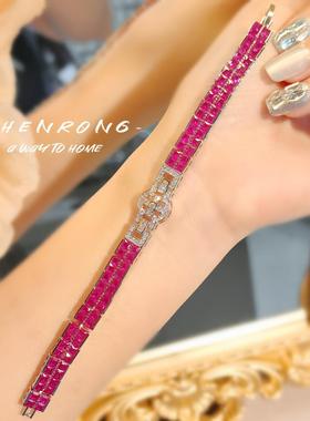 Artdeco复古T方满钻红刚玉手链