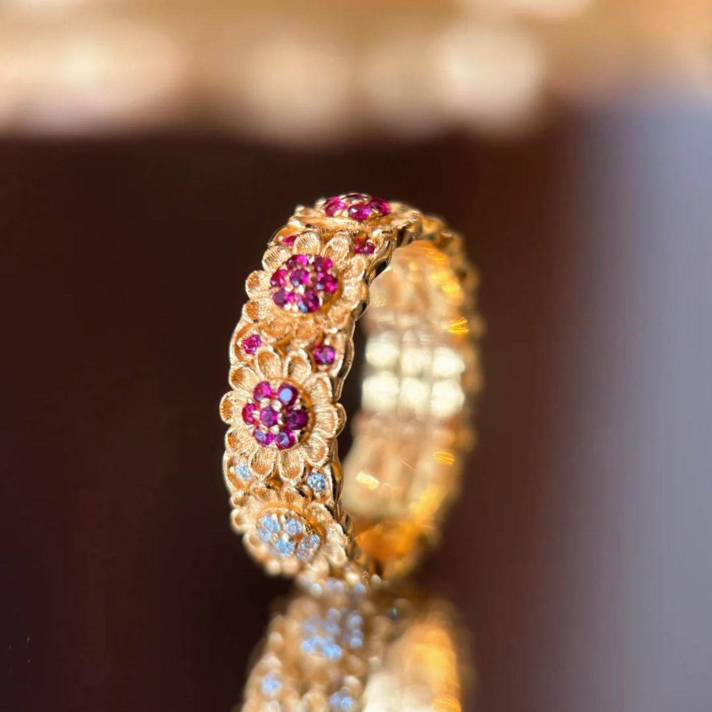 弗朗庄园双拼拉丝太阳花戒指复古老钱风镶嵌红刚玉白钻食指钻戒女