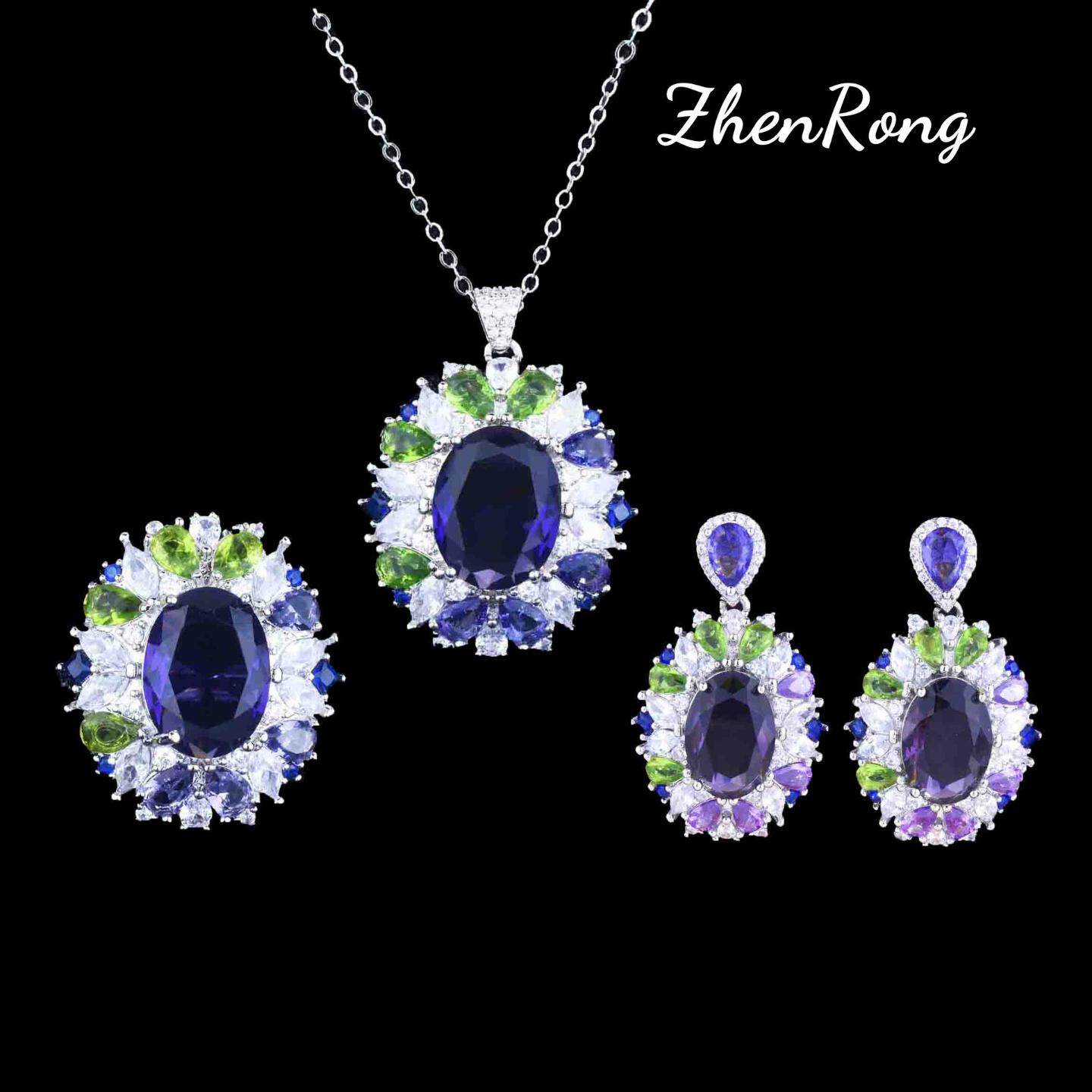 欧美游园惊梦彩钻套装高定珠宝紫钻吊坠开口戒指彩宝耳钉锆石项链
