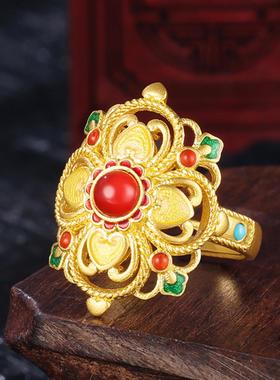 传承古法黄金工艺宝相花戒指哑光