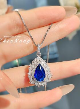 经典戴妃款蓝尖晶水滴项链轻奢