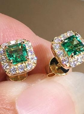 宁语ebay新款耳饰璀璨祖母绿色方块锆石耳环复古简约基础款耳钉女