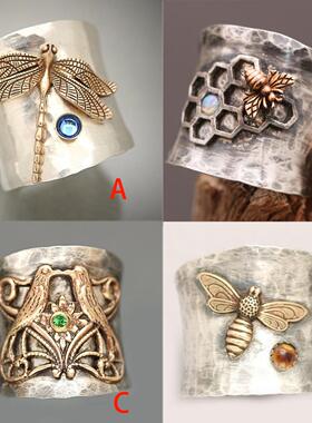 wish爆款复古雕花黄金色蜻蜓戒指