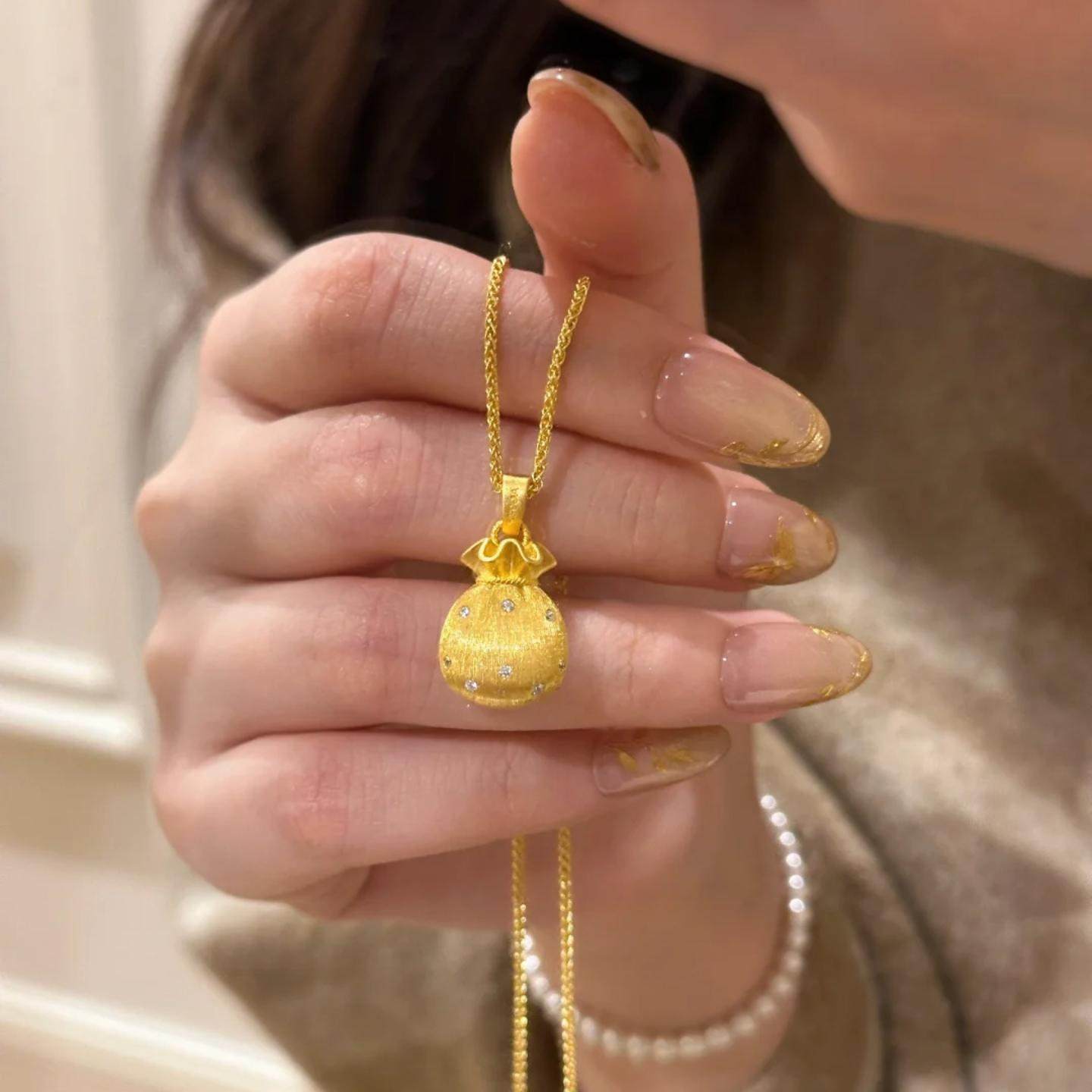 新中式古法沙金镶钻拉丝小福袋吊坠项链轻奢花丝钱袋子锁骨链女,饰品/流行首饰/时尚饰品新,项坠/吊坠,淘宝优惠券,粉丝福利购,淘宝优惠卷