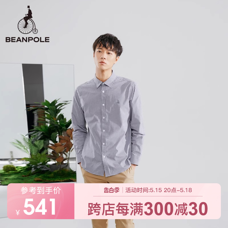 BEANPOLE滨波 春夏款男士黑白朝阳格子图案清新休闲气质长袖衬衫