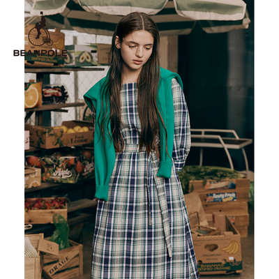 BEANPOLE滨波格纹泡泡袖连衣裙