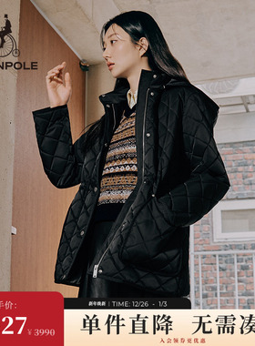 BEANPOLE滨波 女黑色连帽潮酷老钱风绗缝格纹棉服