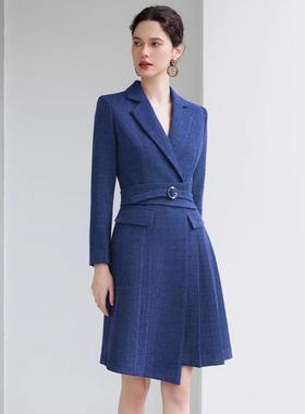 艾尚臣蓝色长袖连衣裙女士职业装裙子时尚气质案场客服工作服冬