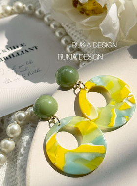 春夏耳钉草绿黄色拼接醋酸晕染复古小清新青柠汽水耳环无耳洞耳夹