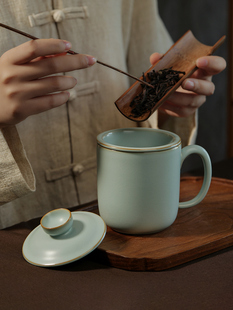 汝窑茶杯带盖过滤功夫茶泡茶办公杯陶瓷水杯大容量景德镇青瓷礼品