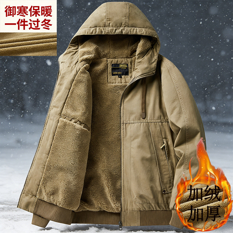 冬季中老年外套工装风连帽纯棉保暖夹克男加绒加厚保暖棉服上衣服