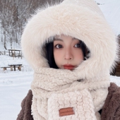 2025新款 帽子围巾一体女秋冬季 毛绒连帽围脖手套骑车保暖东北防风