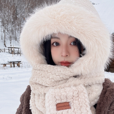 加厚防风小熊帽子围巾一体