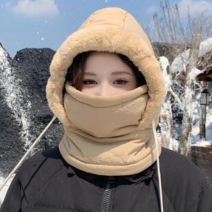 帽子女冬季围脖一体套头帽男加绒加厚保暖雷锋帽户外防风寒骑行帽