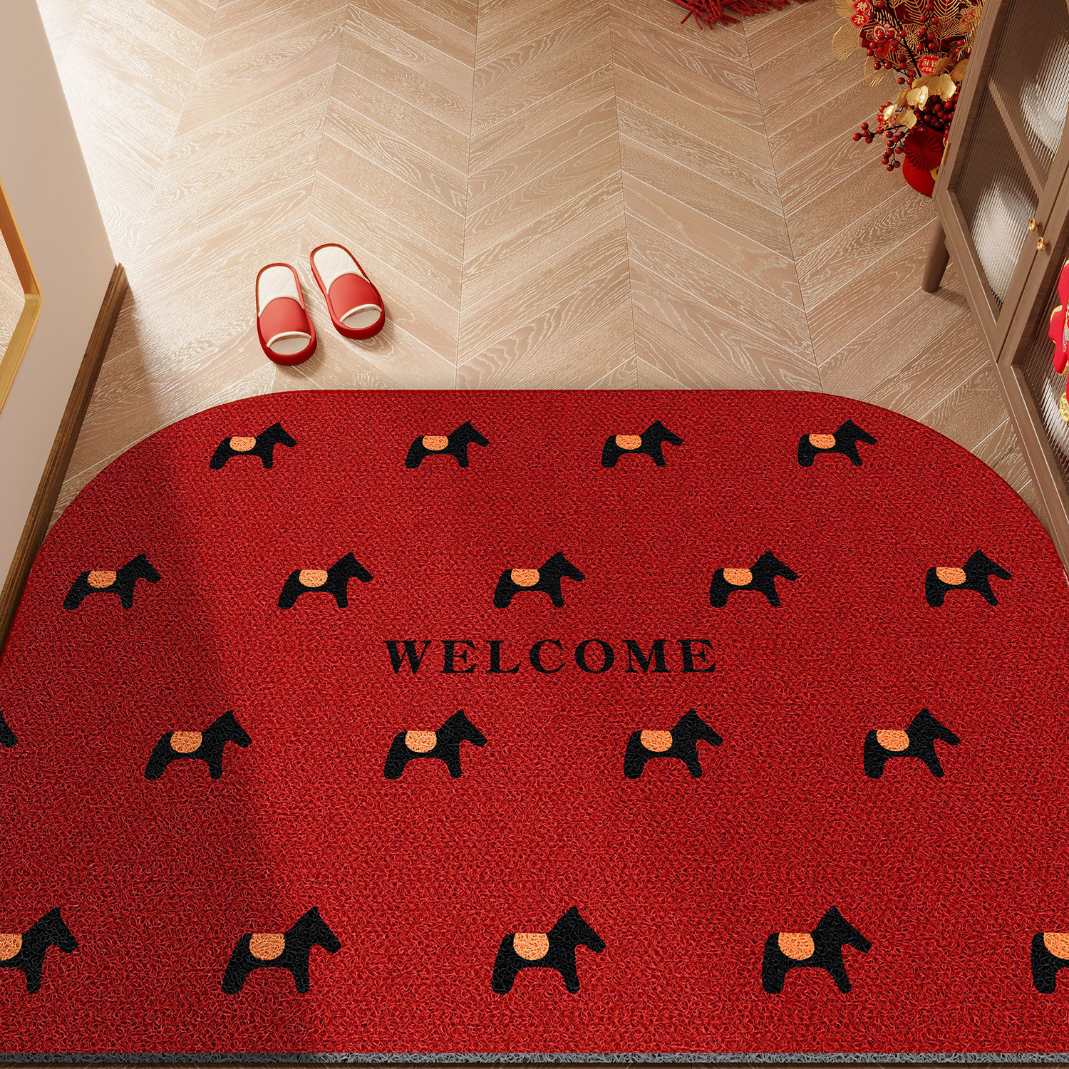红色喜庆马年丝圈入户门地垫家用玄关高级脚垫PVC刮沙耐磨进门垫,居家布艺,入户地垫,淘宝优惠券,粉丝福利购,淘宝优惠卷