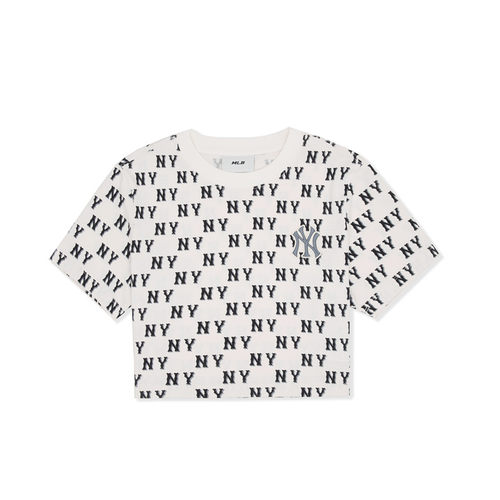 MLB 女短袖NY刺绣复古老花满标短款休闲运动T恤 3FTSM1843 YT