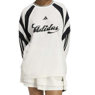 adidas阿迪达斯足球风个性运动休闲宽松上衣女子长袖T恤 KC4007