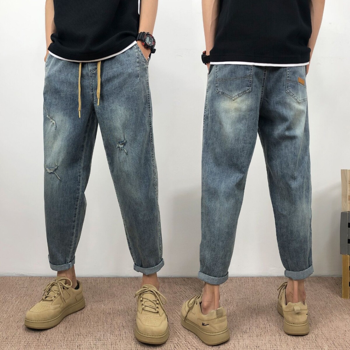 夏季薄款休闲痞帅复古破洞牛仔裤男士潮流直筒宽松九分裤哈伦裤子