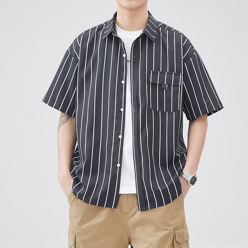 大码男装春秋季小香风条纹长袖衬衫胖子休闲宽松加肥加大薄外套潮