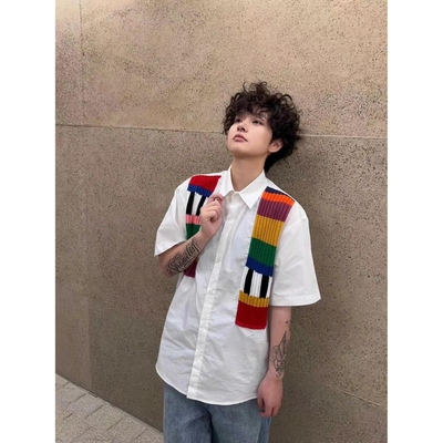 BOYUE帛跃创意设计感彩虹针织拼接纯色衬衫小众时尚高级感衬衣男