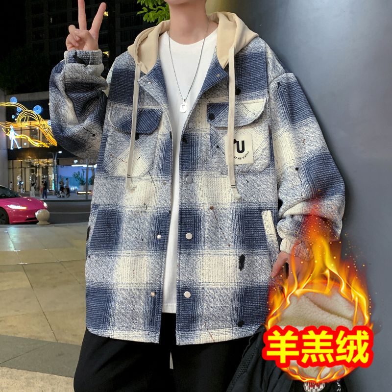假两件连帽外套男生春秋新款潮牌休闲青少年宽松大码格子夹克上衣