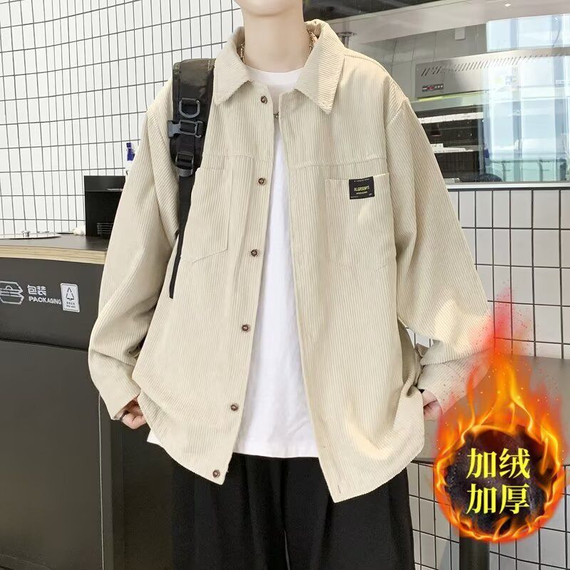 港风复古灯芯绒衬衫男生春秋季2025新款套装痞帅宽松外穿衬衣外套