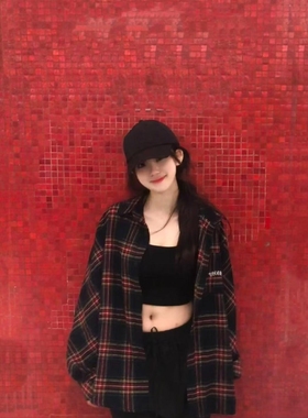 BGCC美式复古酒红色格子长袖衬衫男秋季潮牌宽松情侣休闲衬衣外套