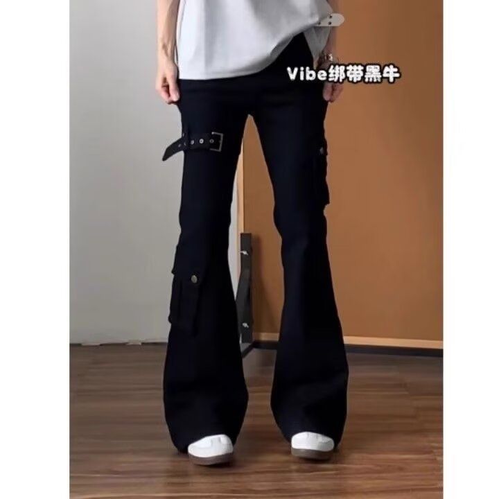 2025美式高街拼接设计感立体多口袋工装裤男女修身微喇百搭休闲裤