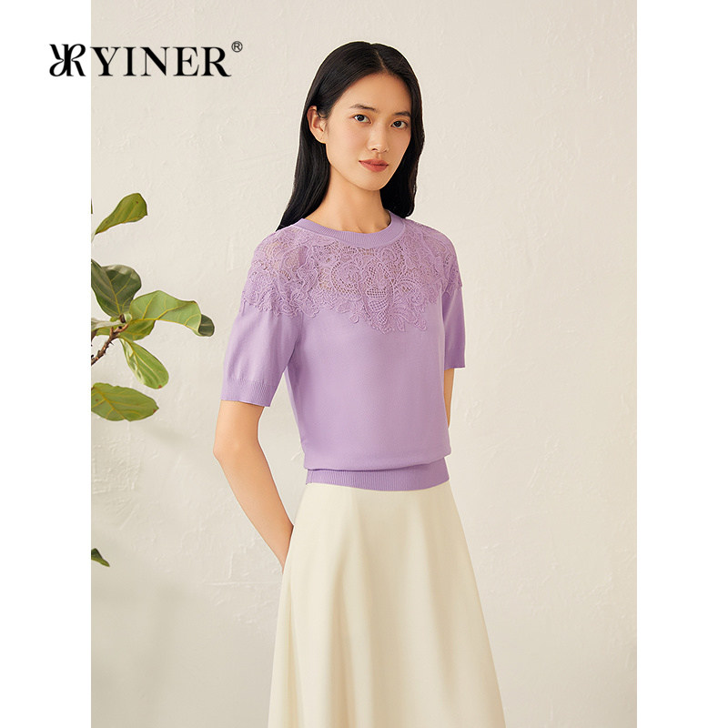 YINER音儿专选夏季新款法式刺绣蕾丝毛针织衫优雅短袖上衣图片