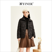 短款 YINER音儿专选女装 冬季 POLO领菱格纹轻盈保暖白鹅绒羽绒服