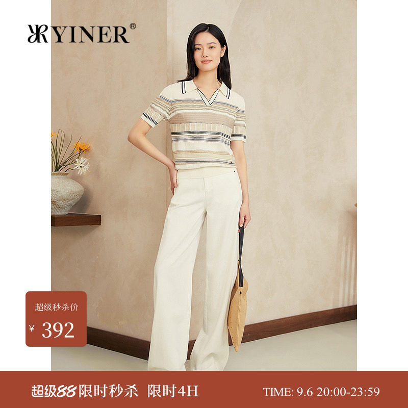 【醋酸系列】YINER音儿夏季新款复古翻领撞色条纹毛针织衫图片
