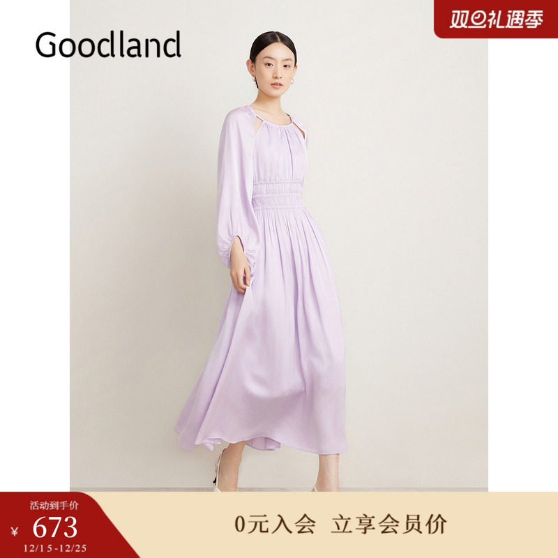 Goodland美地女装春季法式优雅海岛丝仙女裙褶裥连衣裙