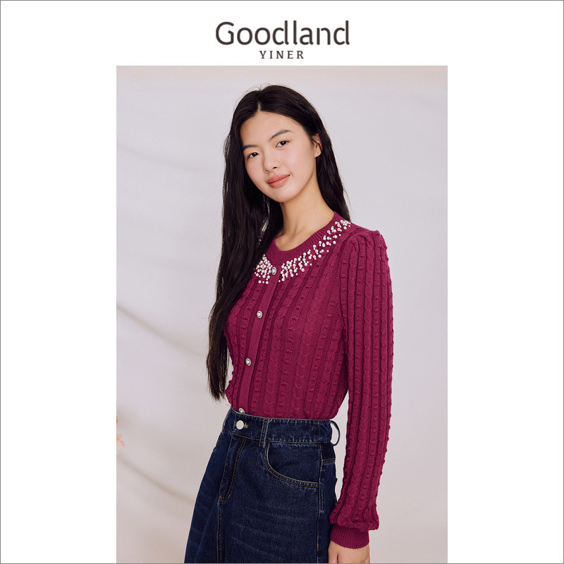 Goodland美地女装冬季法式钉珠圆领粗花呢针织衫套头上衣