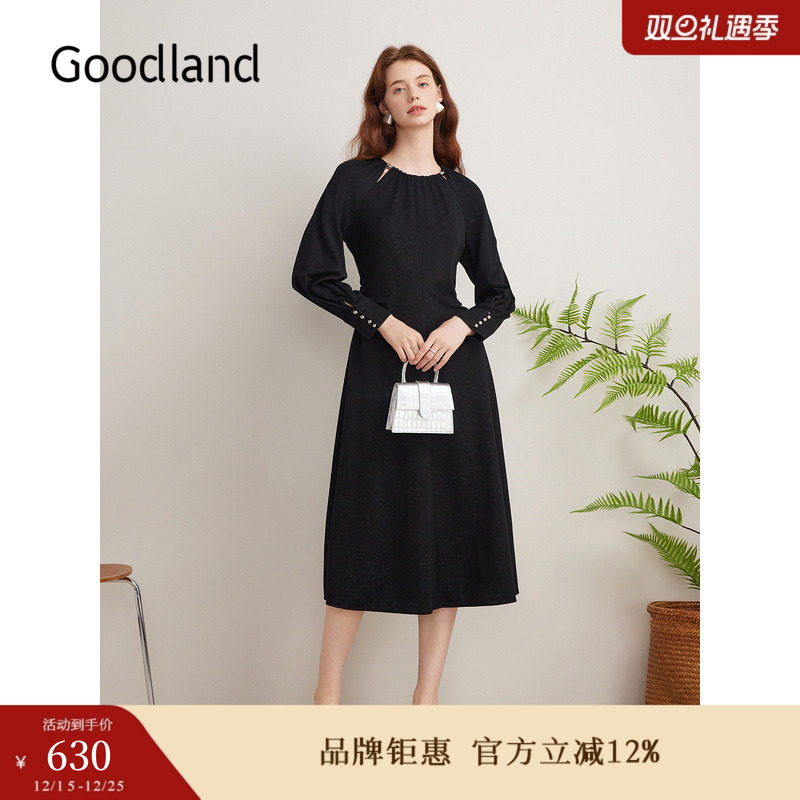 【天丝系列】Goodland美地秋季莱赛尔艺术蕾丝镂空连衣裙