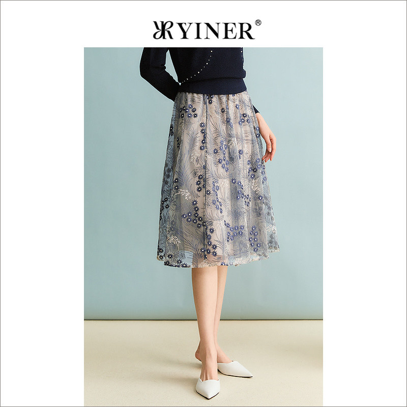 YINER音儿专选女装秋季网纱重工刺绣蕾丝绣花过膝半身裙,女装/女士精品,半身裙,淘宝优惠券,粉丝福利购,淘宝优惠卷