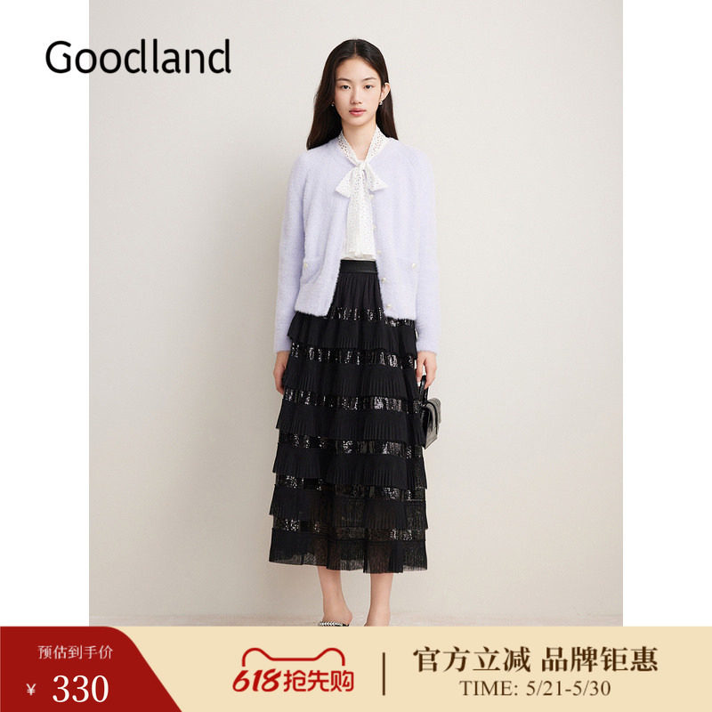Goodland美地春季仿貂绒小香风毛针织开衫薄外套