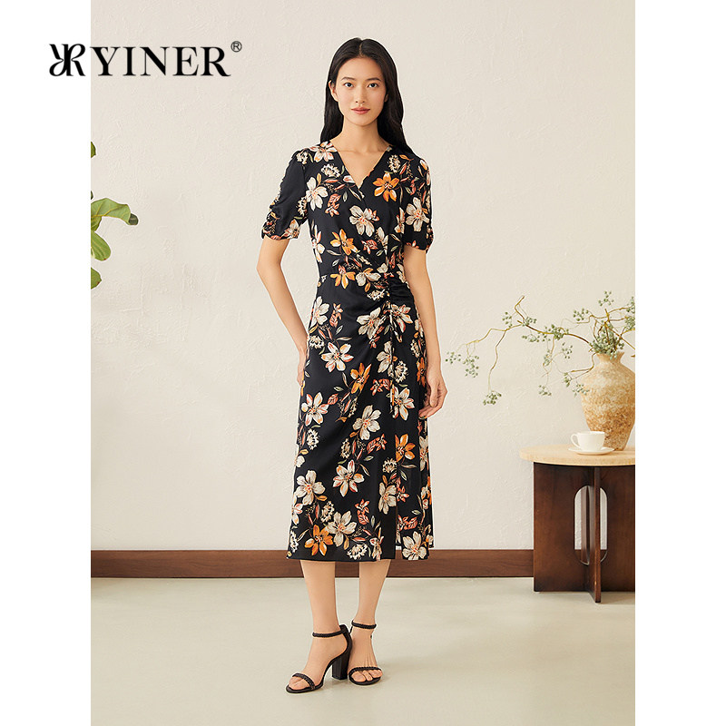 【真丝系列】YINER音儿专选2025夏季新款法式弹力V领茶歇裙