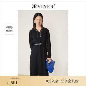 YINER音儿专选女装春季高腰条纹肌理拼接V领连衣裙