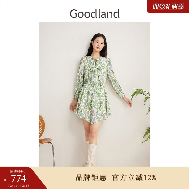 【云感真丝羊毛】Goodland美地春季桑蚕丝碎花连衣裙