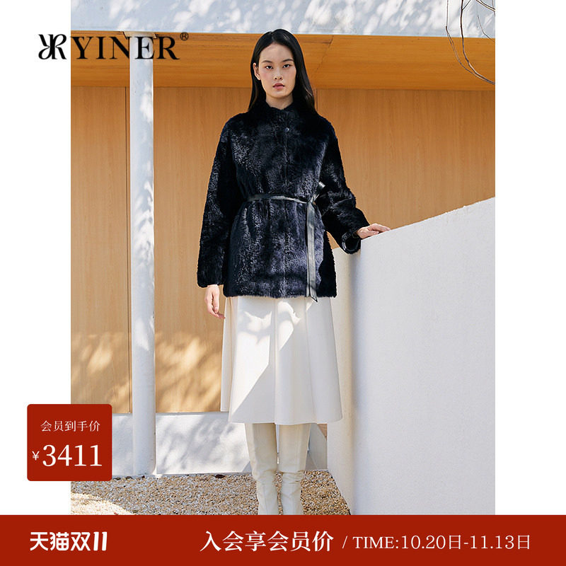YINER音儿专选冬季新款一手长立领羊皮毛一体皮草外套女加厚大衣