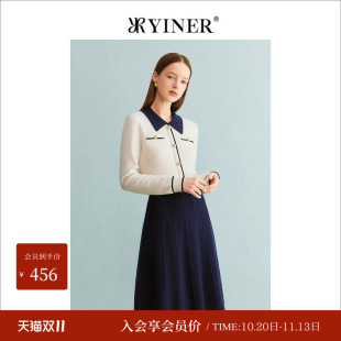 YINER音儿冬季羊毛针织连衣裙女撞色POLO领修身内搭裙女