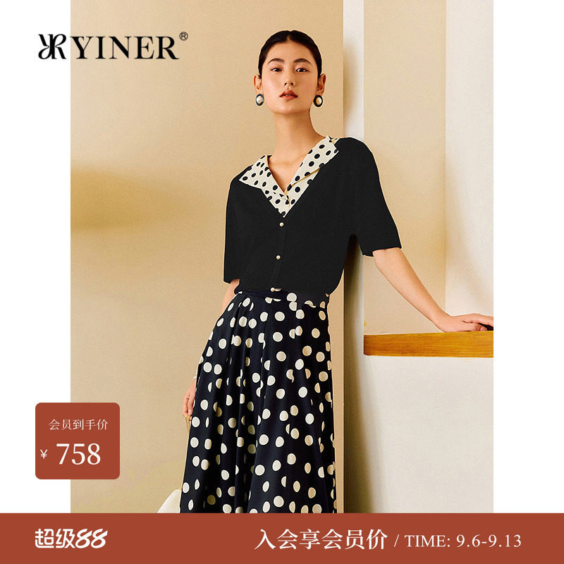 YINER音儿女装夏季复古波点假两件桑蚕丝混纺针织衫套头图片