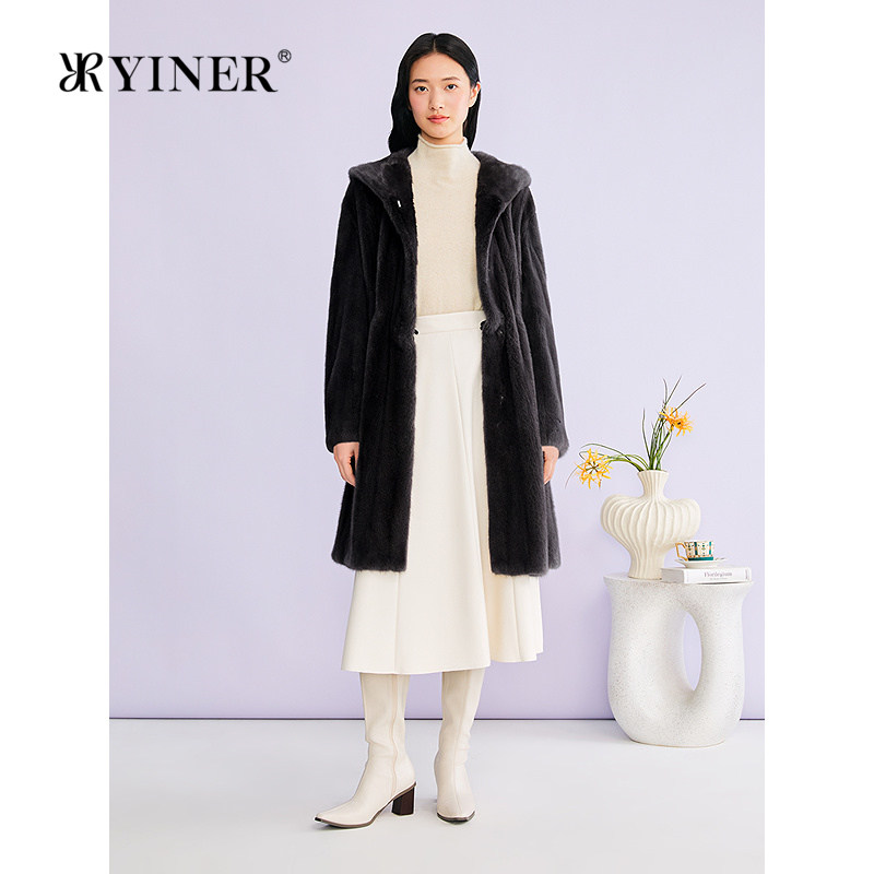 YINER音儿专选2025冬季新款中长款连帽整貂母貂水貂毛皮草外套
