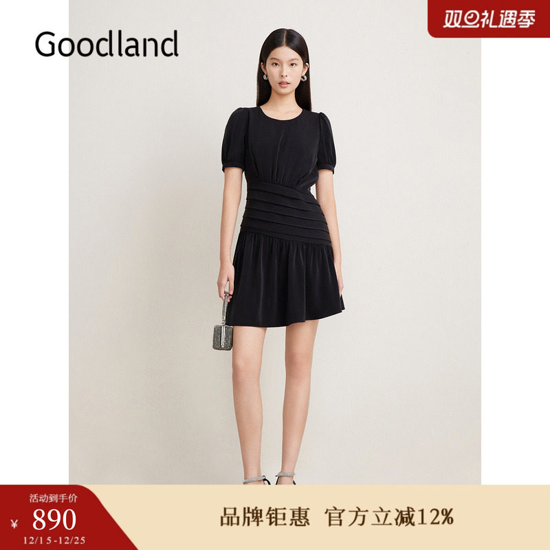 Goodland美地夏季法式赫本风小黑裙收褶连衣裙