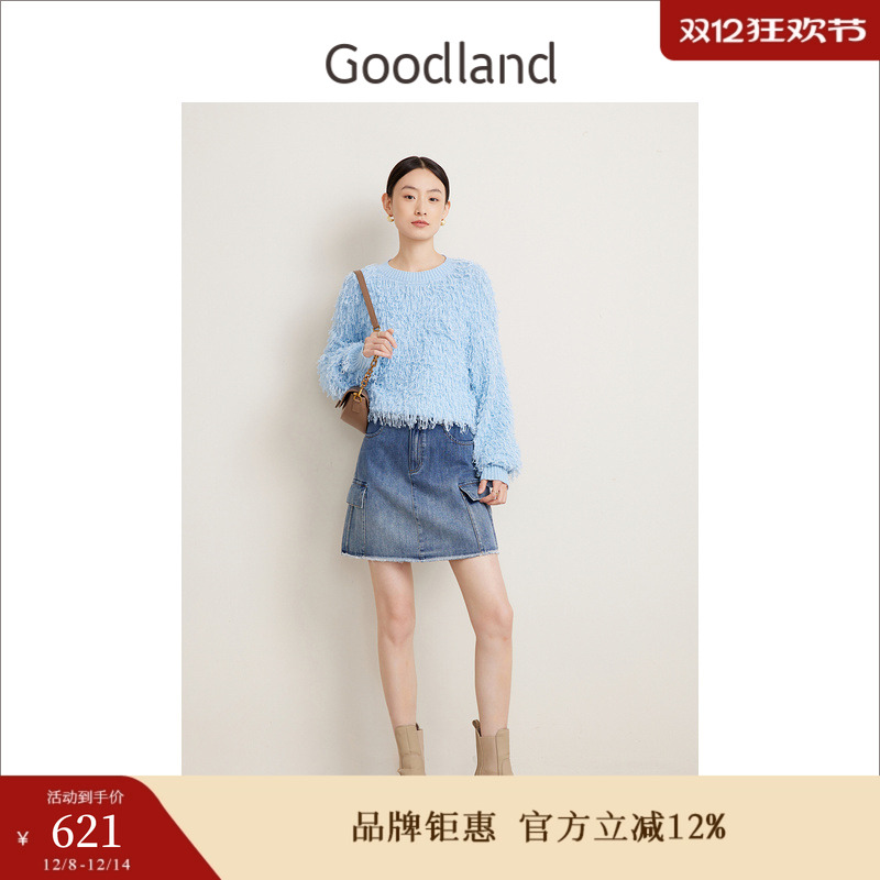 Goodland美地春季法式优雅花纱上衣长毛绒流苏毛针织衫