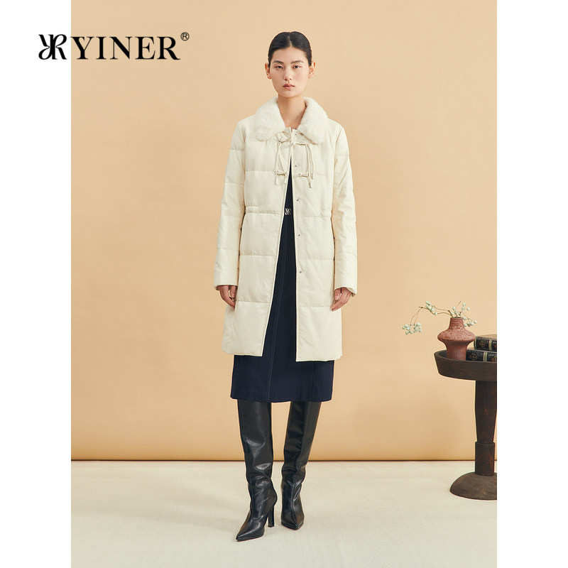 【新中式】YINER音儿专选女装冬季时尚水貂毛领羊皮真皮长羽绒服