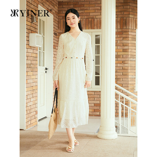 YINER音儿专选2025秋季新款法式肌理感柔美玉兰花纹飘逸连衣裙