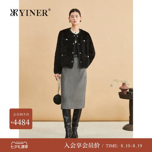 YINER音儿专选女装冬季时尚小香风短款兔毛拼水貂毛皮草外套